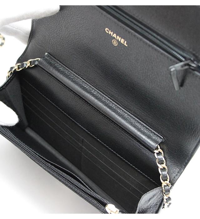 Chanel Chain Wallet Studs Black Leather G Metal Fittings