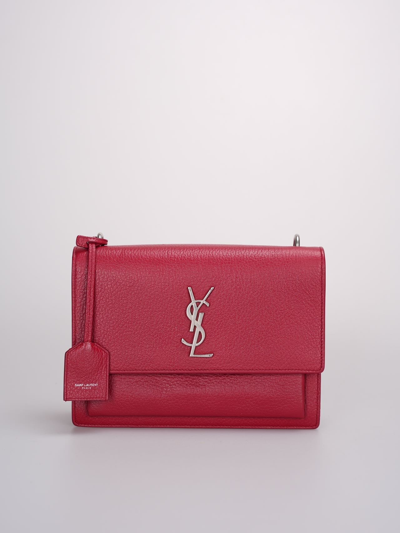 Saint Laurent Grained Calfskin Medium Monogram Sunset Bag in Satchel Red