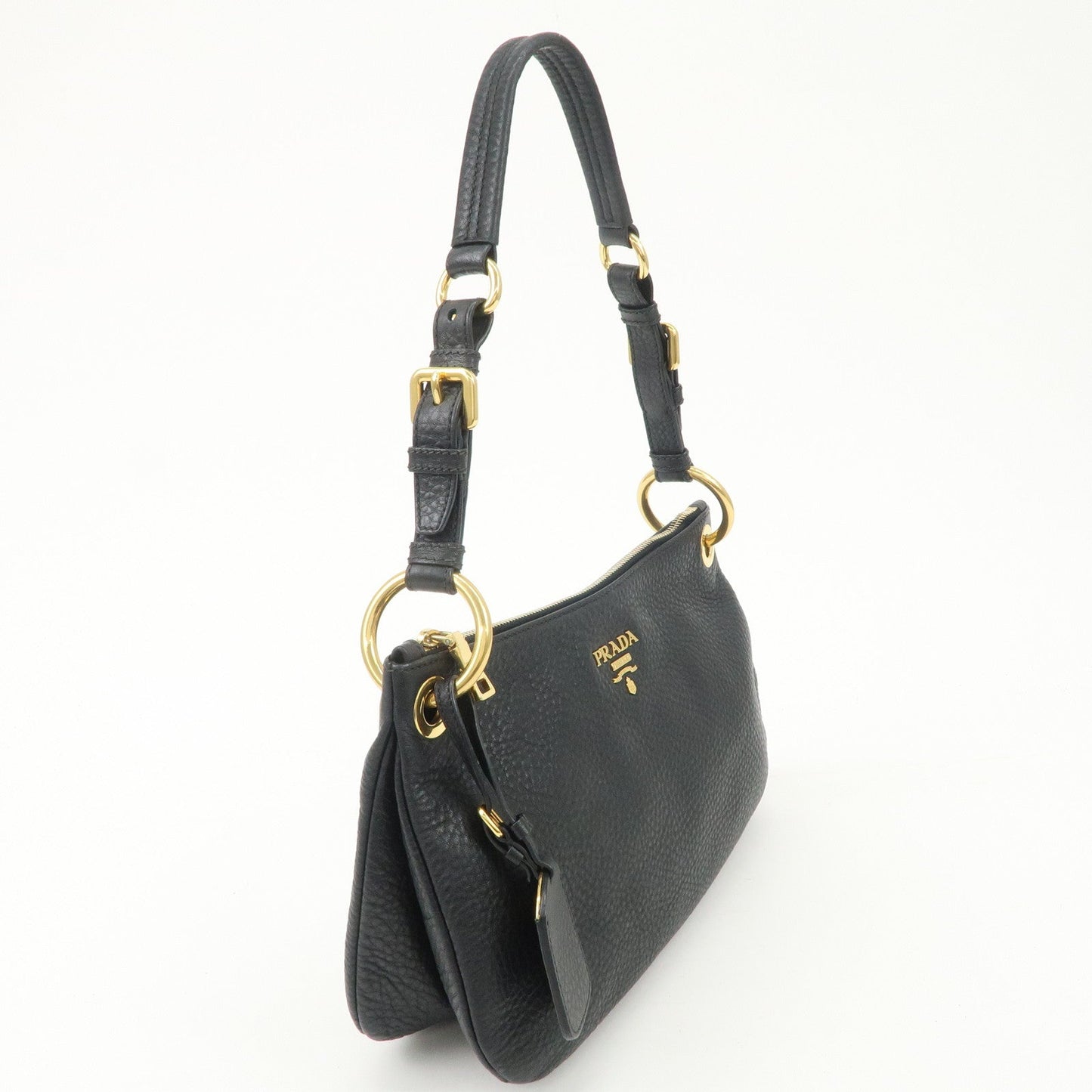 PRADA Logo Leather One-Shoulder Bag Hand Bag Black Gold Hardware