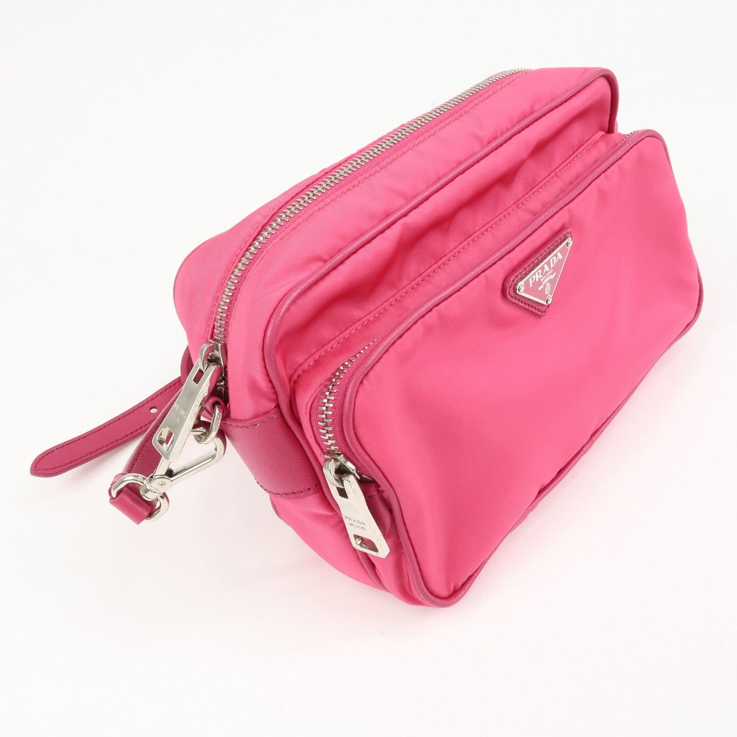 PRADA Triangle Logo Leather Shoulder Bag Pink Silver Hardware