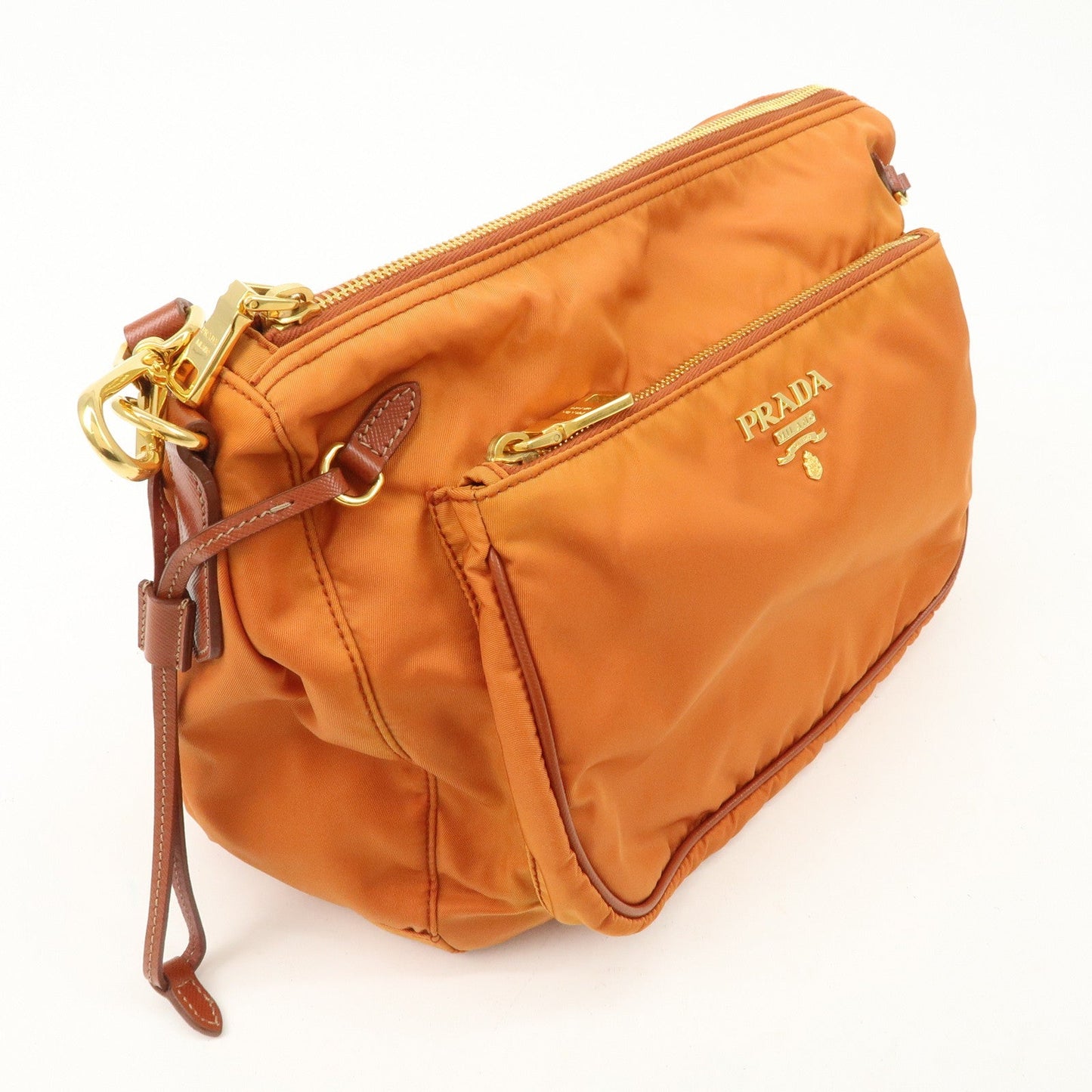 PRADA Logo Nylon Leather Shoulder Bag Gold Hardware Orange