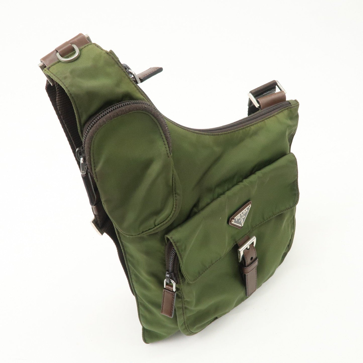 PRADA Triangle Logo Nylon Leather Shoulder Bag Crossbody Bag Khaki