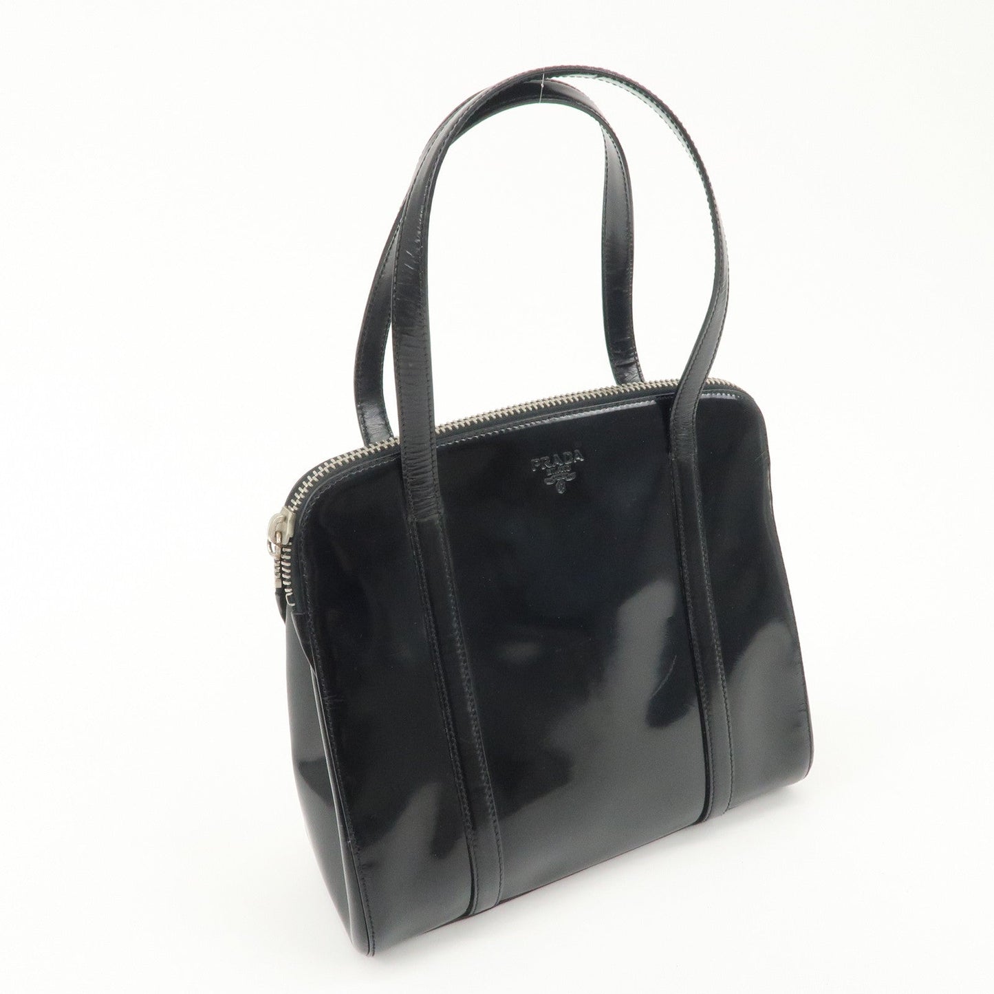 PRADA Patent Leather Tote Bag Hand Bag Black Silver HDW