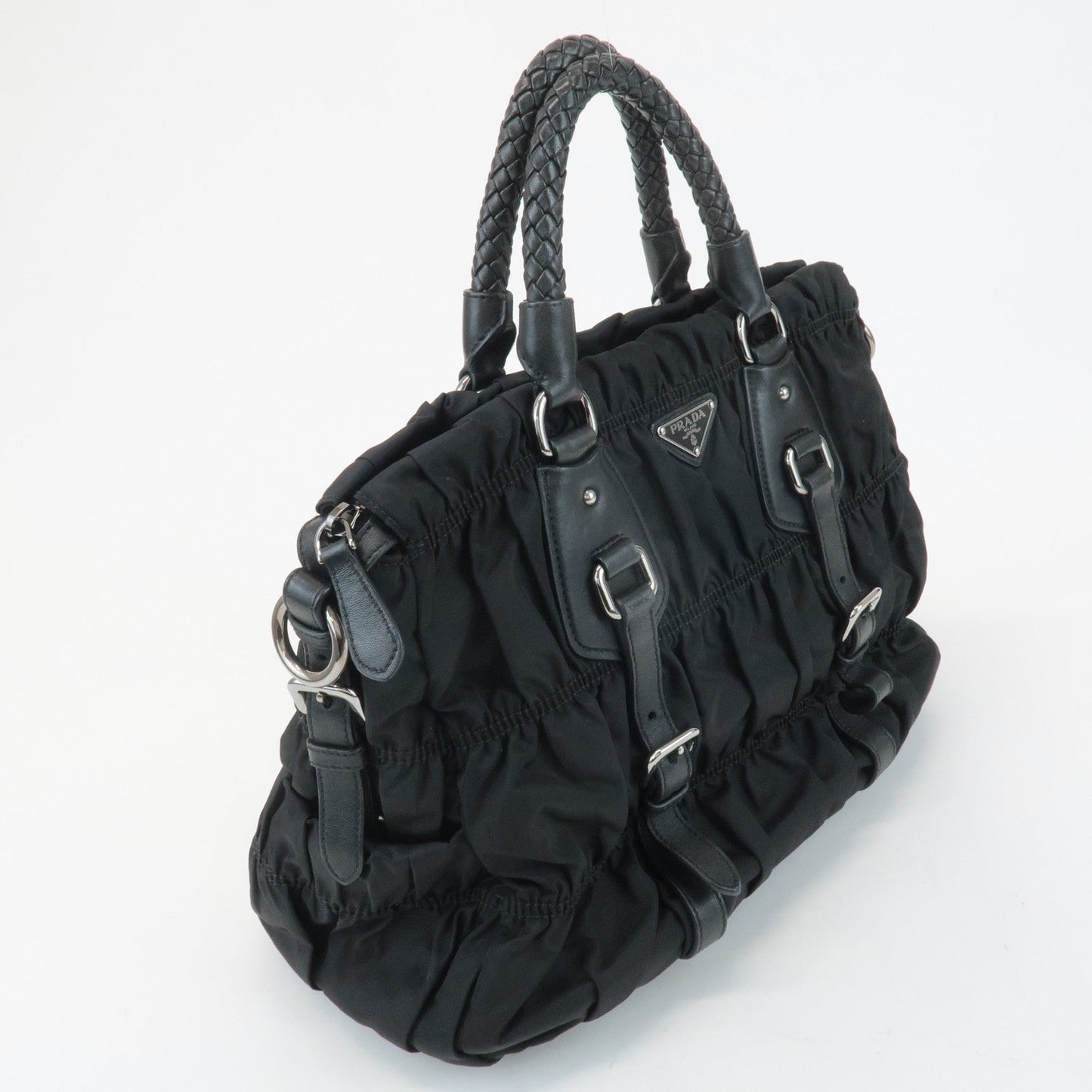 PRADA Logo Leather Gathered 2Way Hand Bag Black BN1336