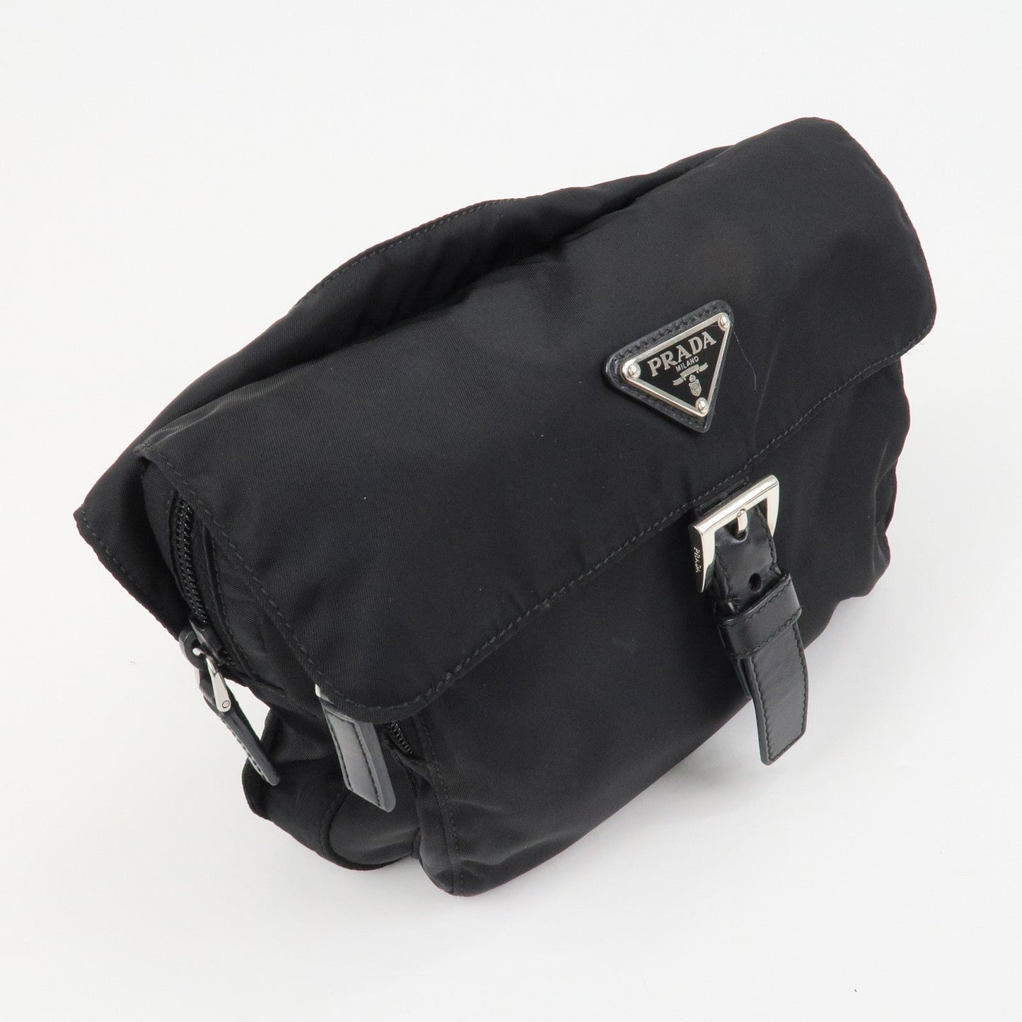 PRADA Triangle Logo Nylon Leather Shoulder Bag Black