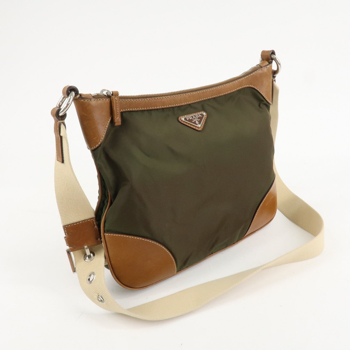 PRADA Nylon Leather Triangle Logo Shoulder Bag Khaki BT0507