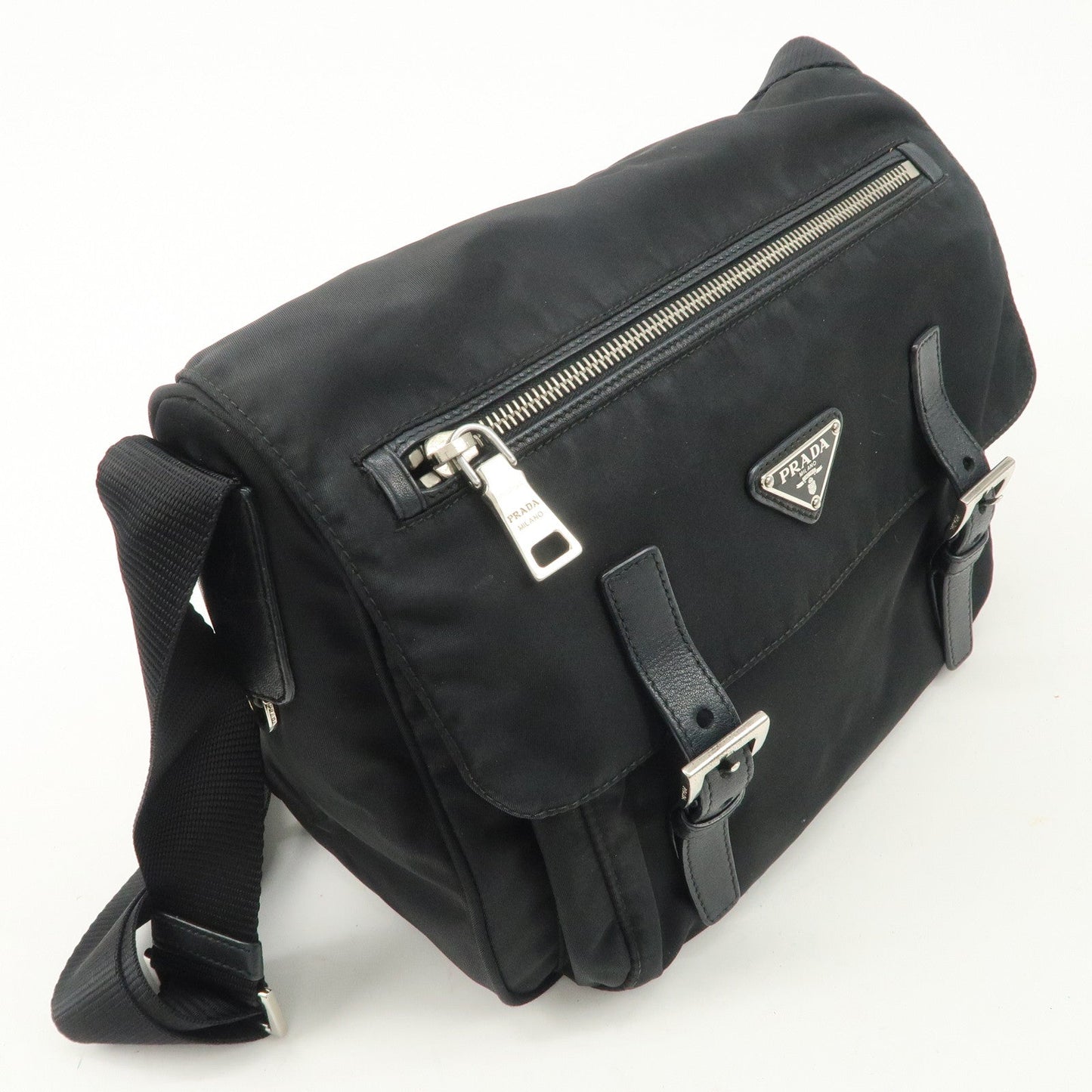 PRADA Nylon Leather Triangle Logo Shoulder Bag Black BT0713