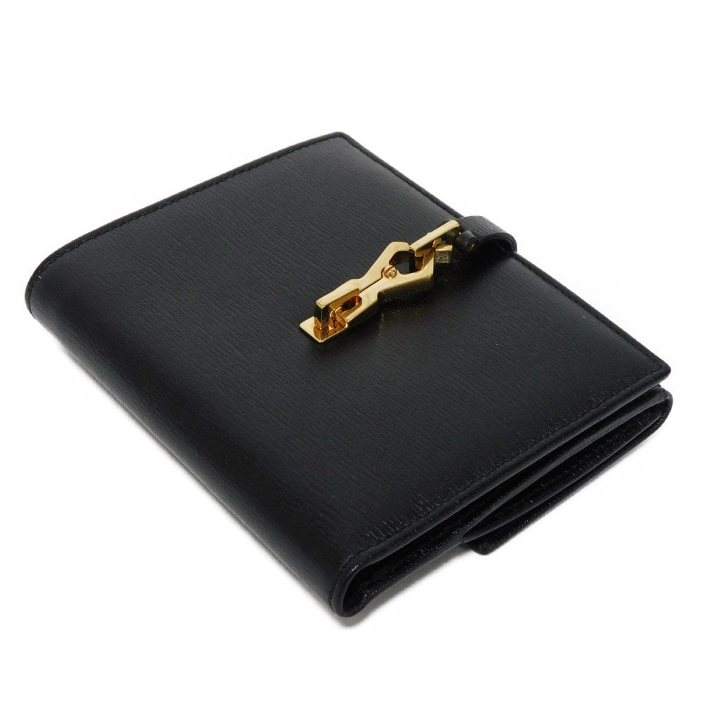 GUCCI Bifold Wallet 035 2169 Calf leather black Vintage Gold Billfold Coin Case Old Jackie Compact Wallet unisex(Unisex)