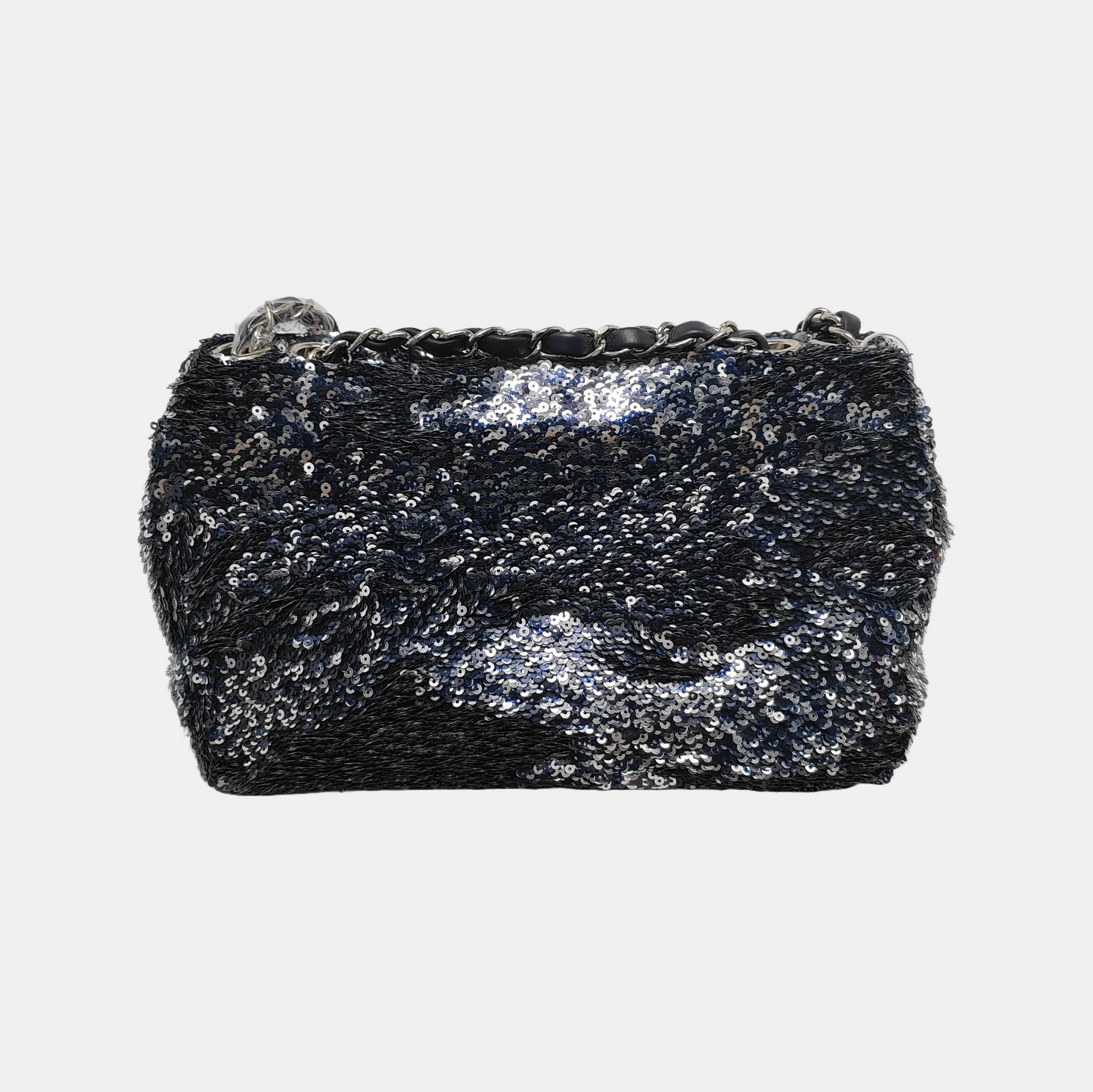 Chanel Paillette Flap Bag Rectangular Mini Glitter Sequins Navy and Silver