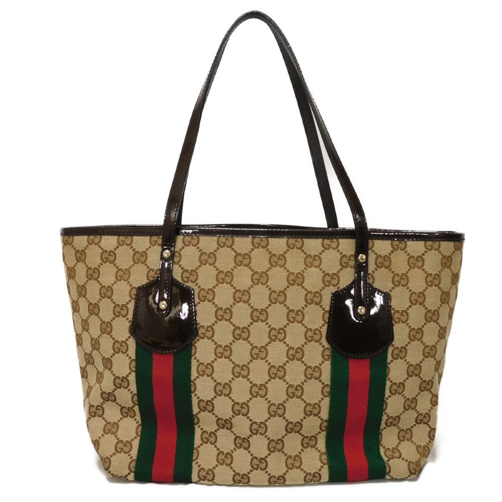 Gucci Web Stripe GG Canvas Patent Leather Tote Bag