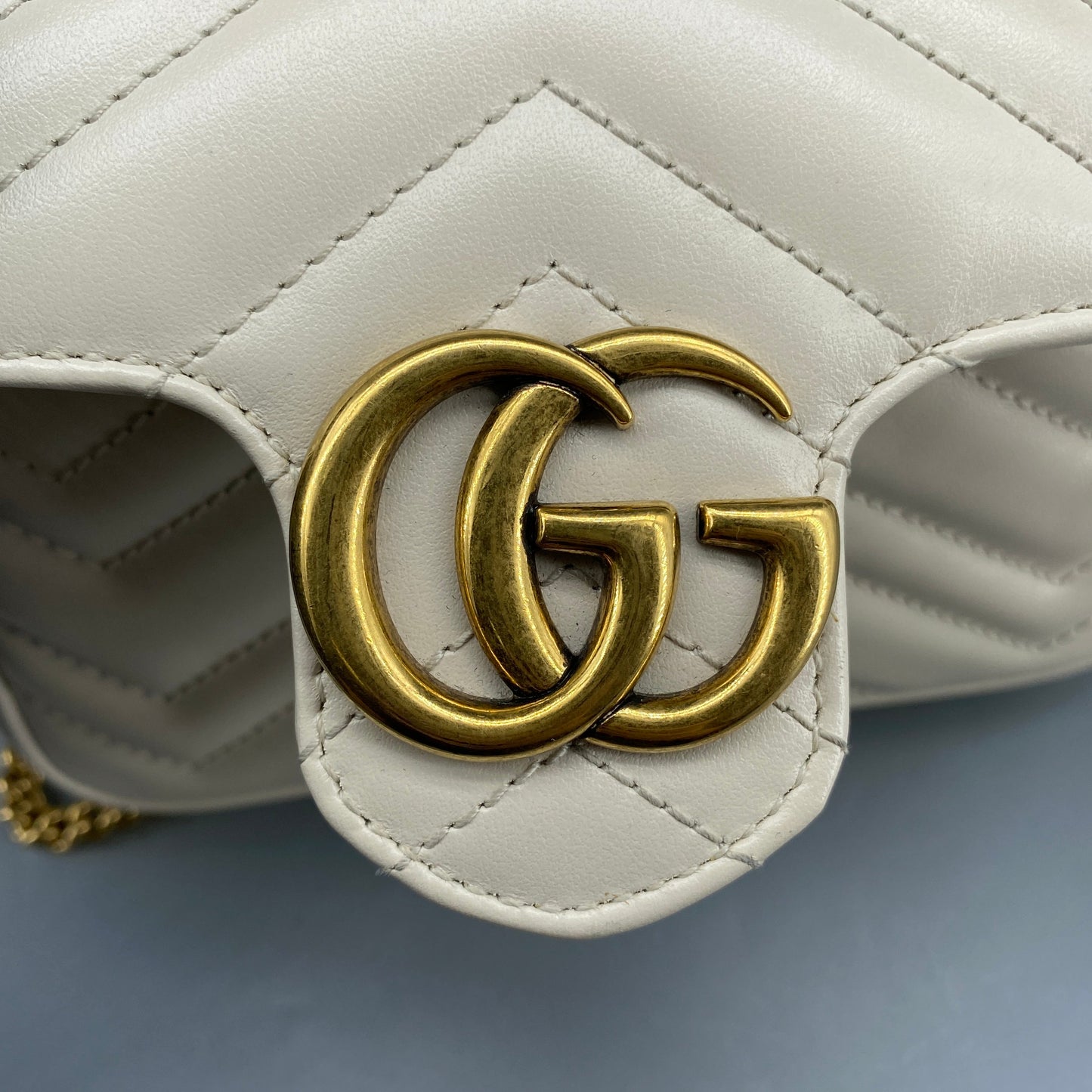 Gucci Cream GG Supreme Chevron Quilted Leather Marmont Mini Flap Chain Bag