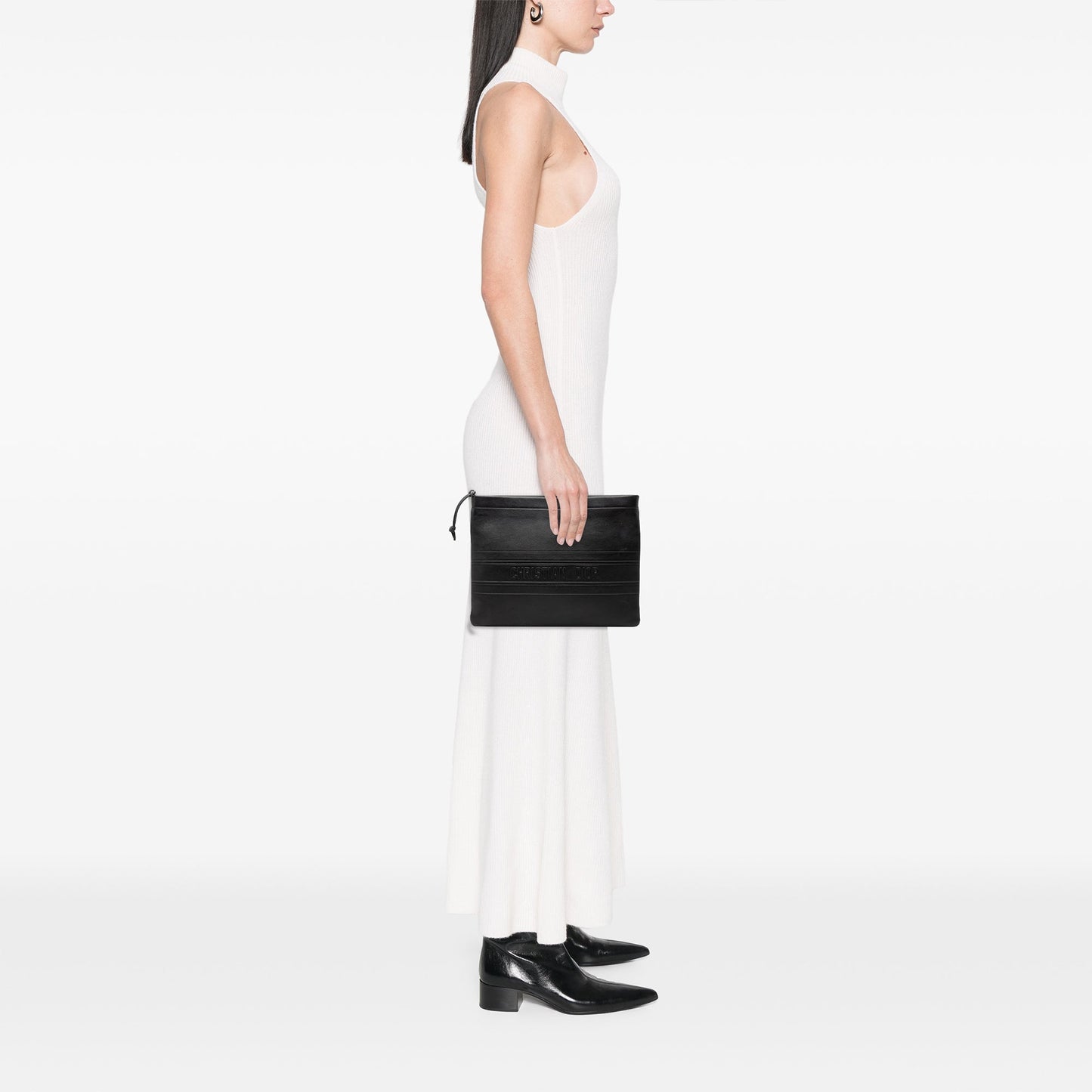 Black Dior Logo Embossed Leather Clutch
