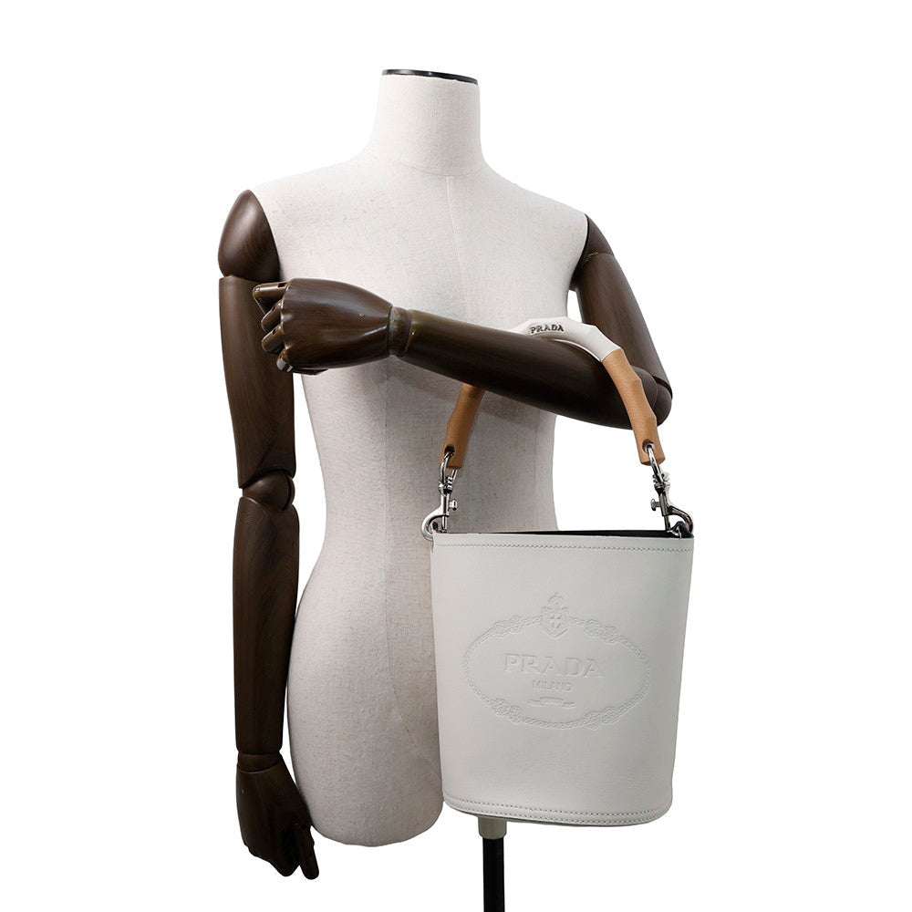 PRADA ?Tambour 2WAY Bucket Handbag White1BE048 Leather Wood
