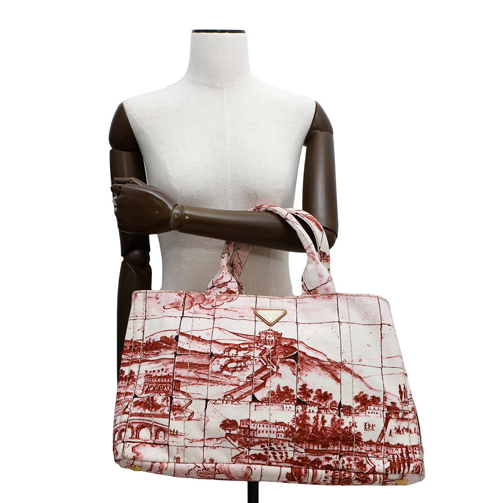 PRADA ?Canapa Tote Bag White/BordeauxB1872B Canvas