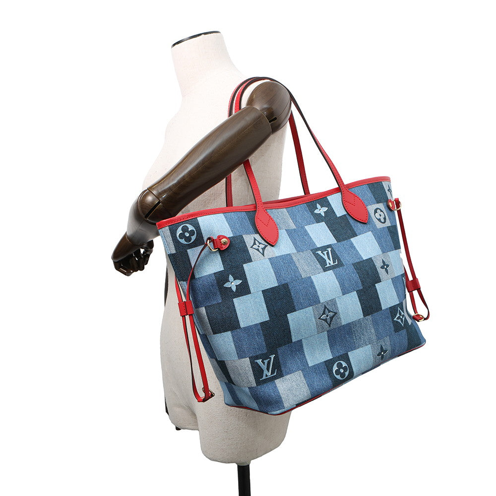 LOUIS VUITTON Square Patchwork Neverfull Blue/RedM44981 Monogram Denim Size MM