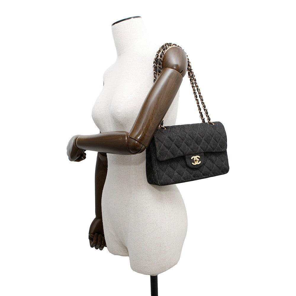 CHANEL Matelasse W flap WChainShoulder Bag BlackA01113 Denim Size 23