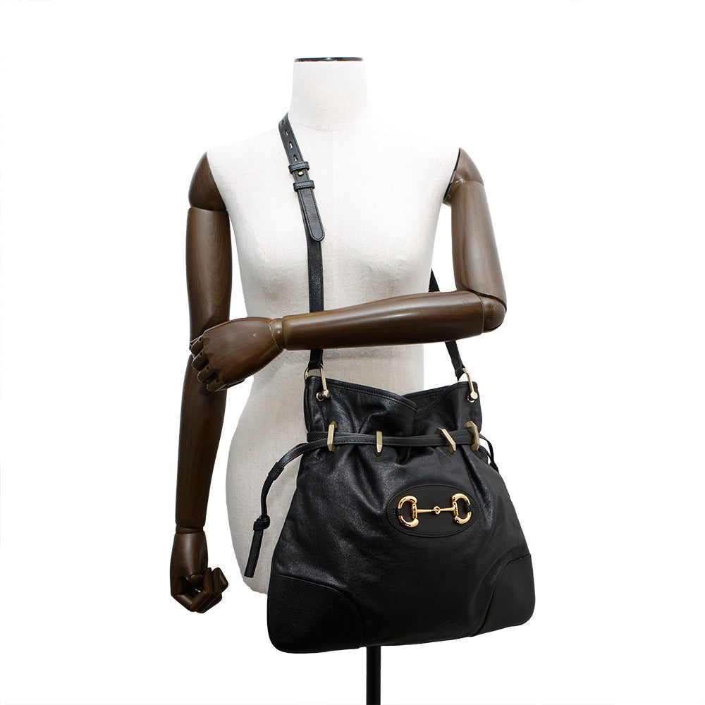 GUCCI Horsebit1955 Drawstring Shoulder Bag Black602089 Leather