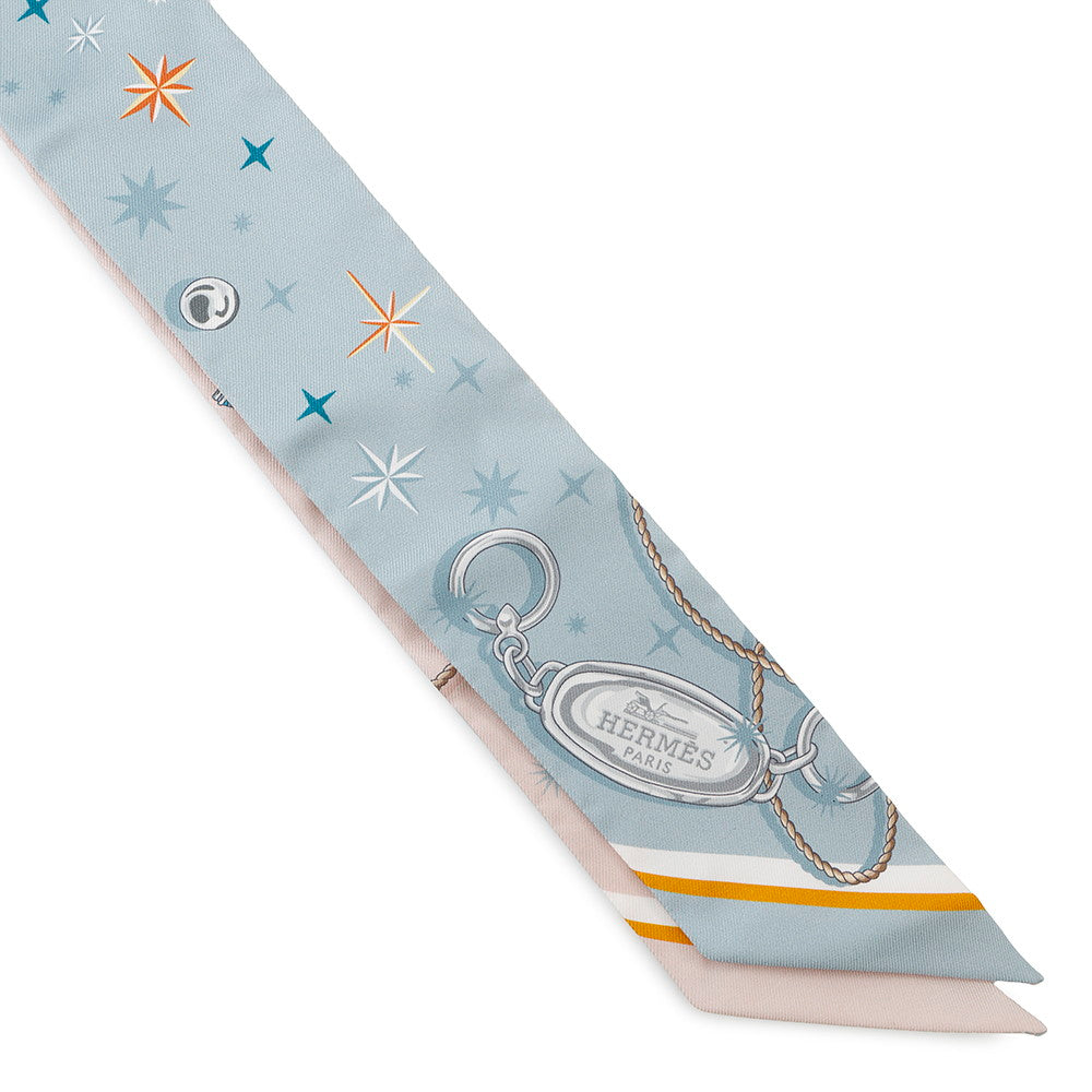HERMES Twilly C'est la Fête Blue Gacier/Rose Poudre/Gray Silk100%