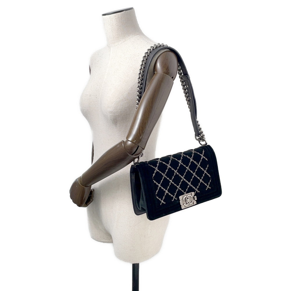 CHANEL Boy Chanel ChainShoulder Bag Black Velour Size 25