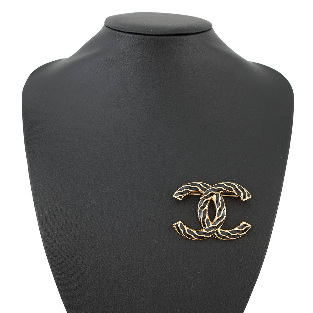 CHANEL CC Logo Brooch Black Gold Plated