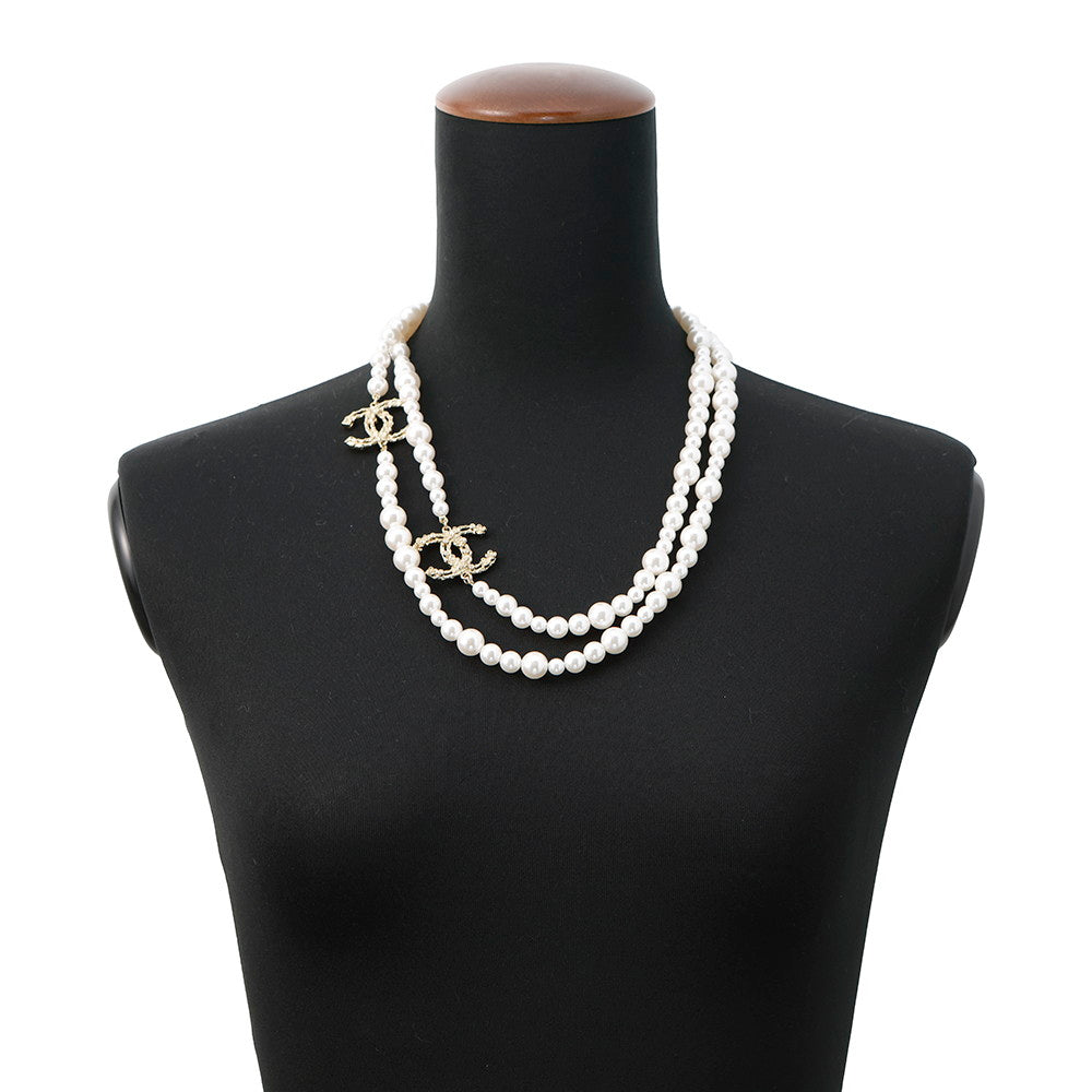 CHANEL Pearl long necklace Champagne Gold Gold Plated Faux Pearl Rhinestone