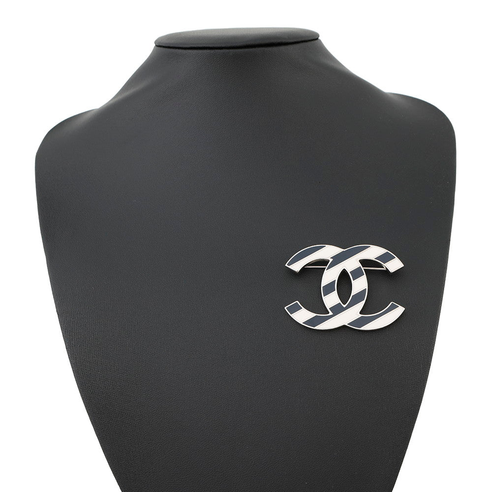 CHANEL CC Logo Border Brooch White/Blue Metal