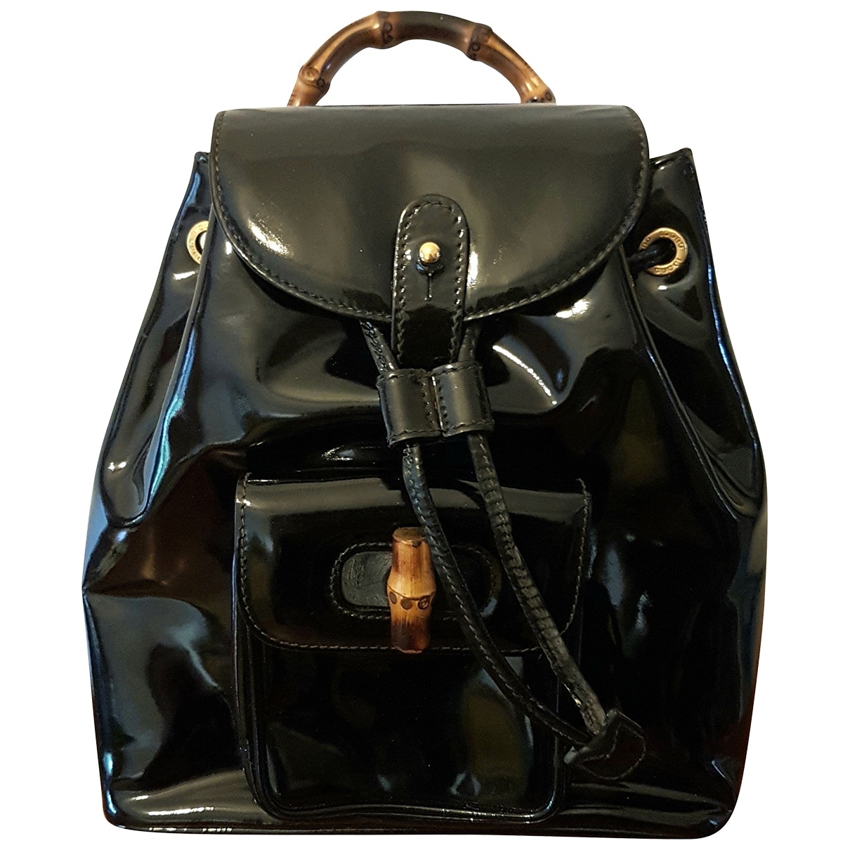 Gucci bamboo black patent leather backpacks