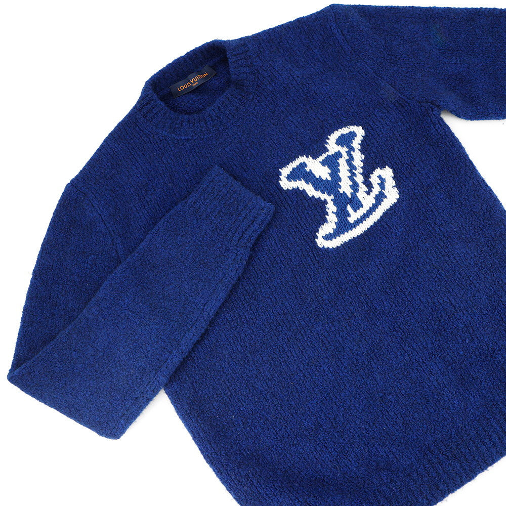 LOUIS VUITTON Intarsia Crew Neck Knit Sweater Size M Blue/White Wool 55% Yak 21% Nylon 20% Polyurethane 4%