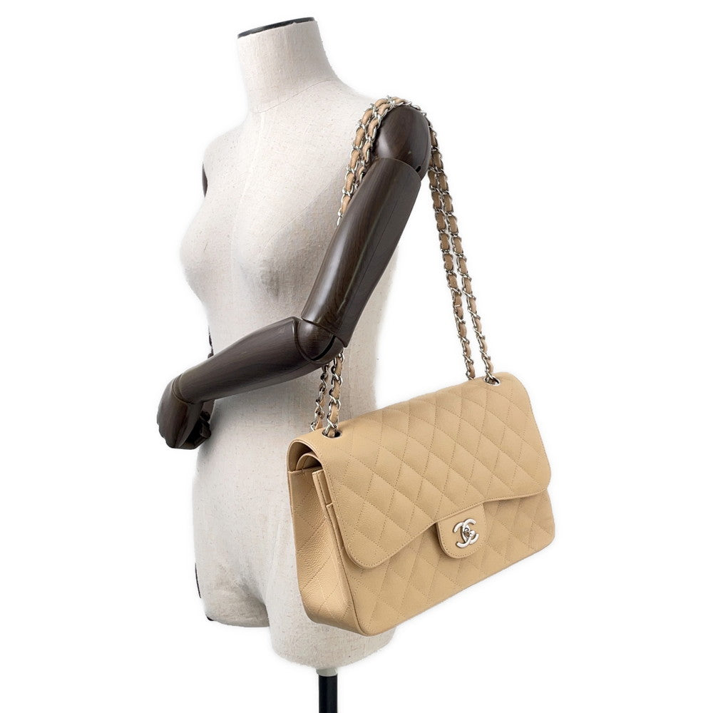CHANEL Matelasse W Flap ChainShoulder Bag BeigeA58600 Caviar Leather Size 30