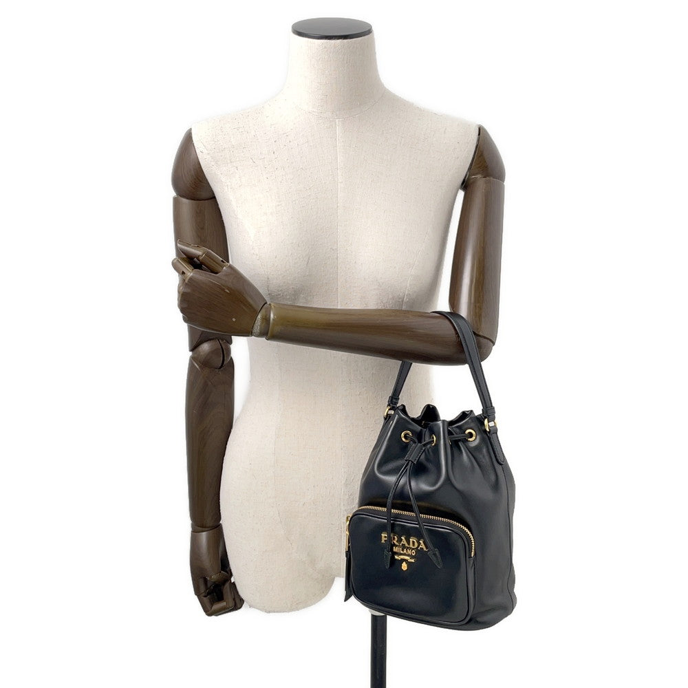 PRADA Duet Drawstring Bag Shoulder Bag Black1BH038 Soft Calf Leather