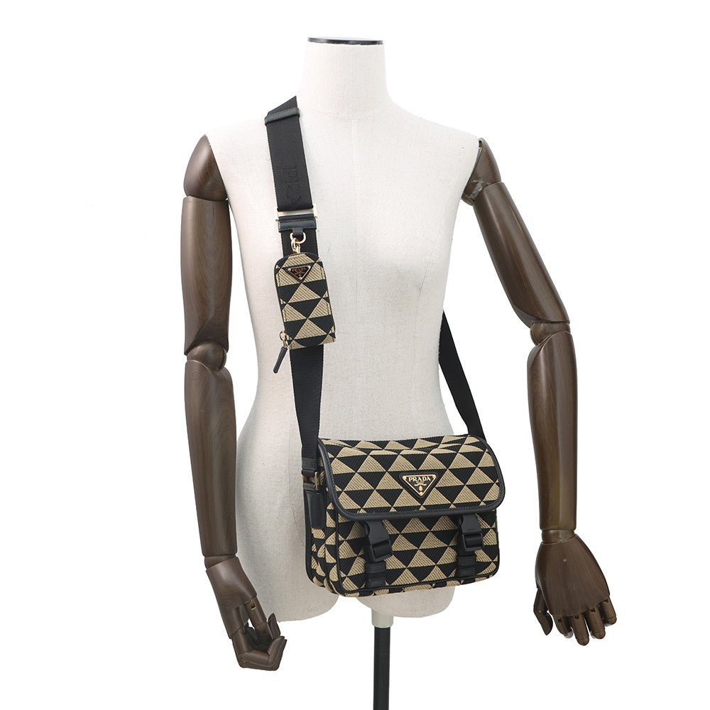 PRADA Symbol Embroidery Shoulder Bag Beige/Black2VD034 Canvas Leather