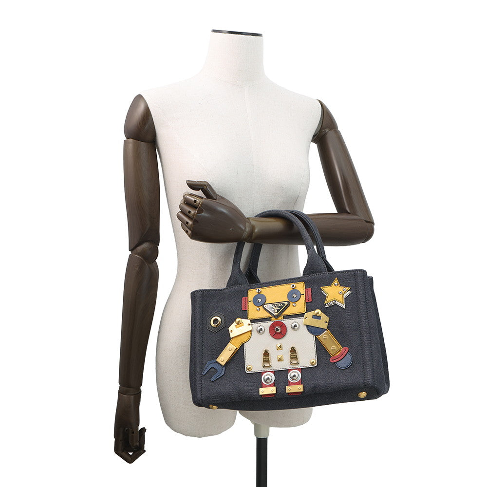 PRADA Canapa 2WAY Tote Bag Robot Navy/Multicolor1BG439 Denim