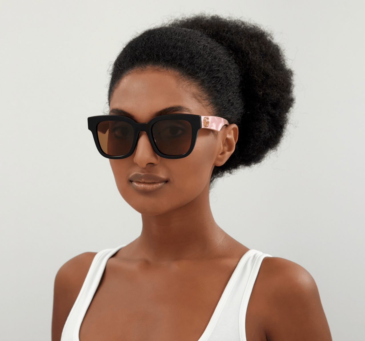 Gucci GG0998S-005 Bold Square Sunglasses with Glossy Black Frame and Pink Marble