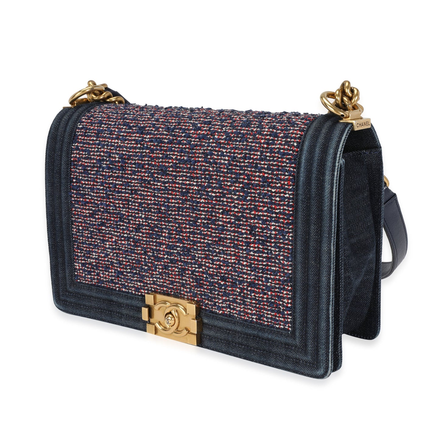 CHANEL Blue Denim & Multicolor Boucle New Medium Boy Bag