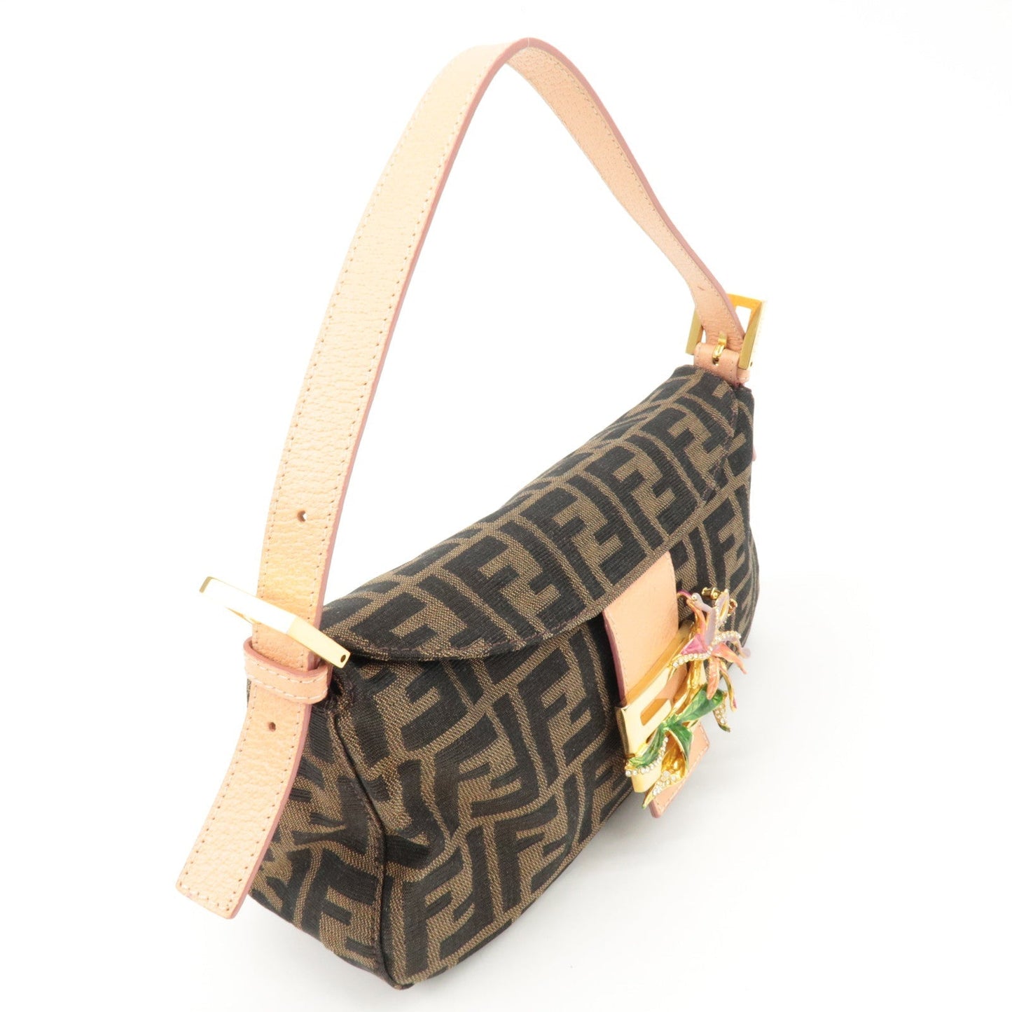 FENDI Zucca Canvas Leather Shoulder Bag Brown Pink Beige 26725