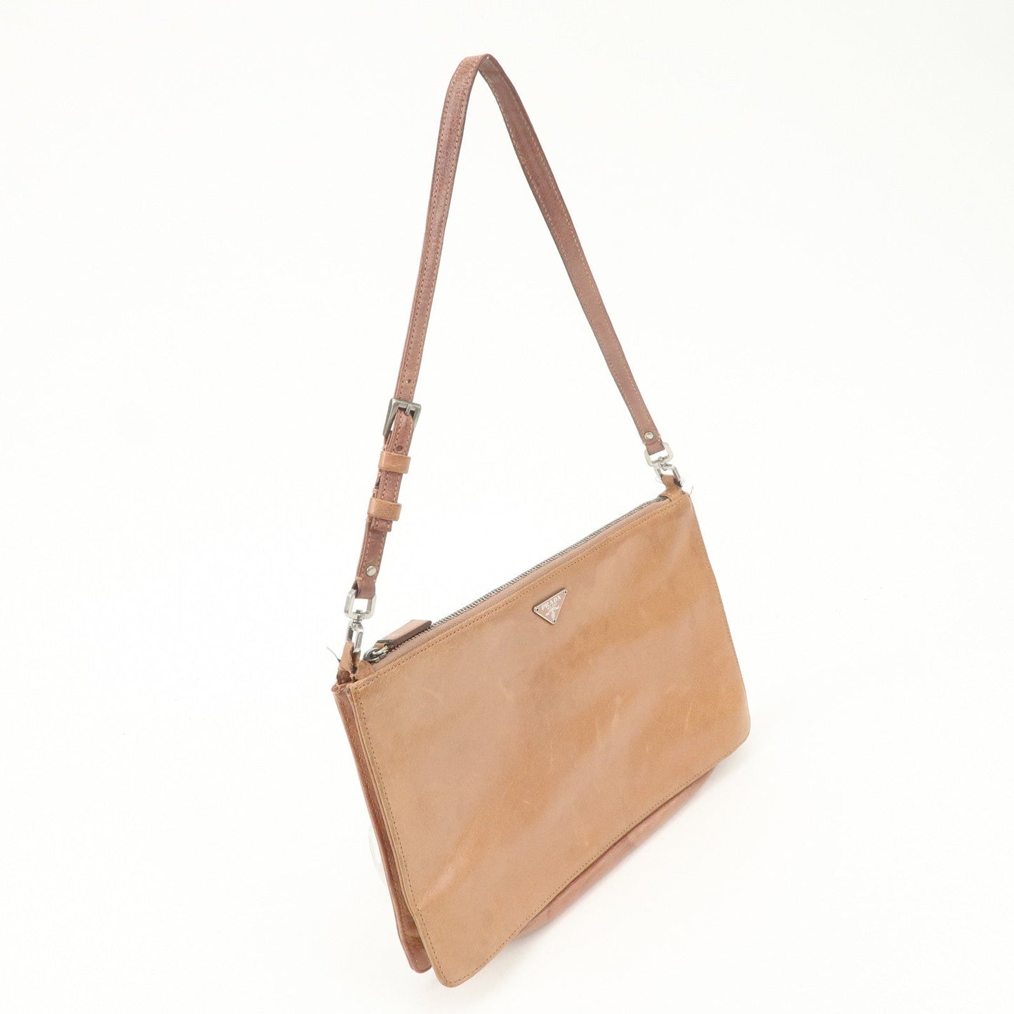 PRADA Triangle Logo Leather Shoulder Bag Hand Bag Brown