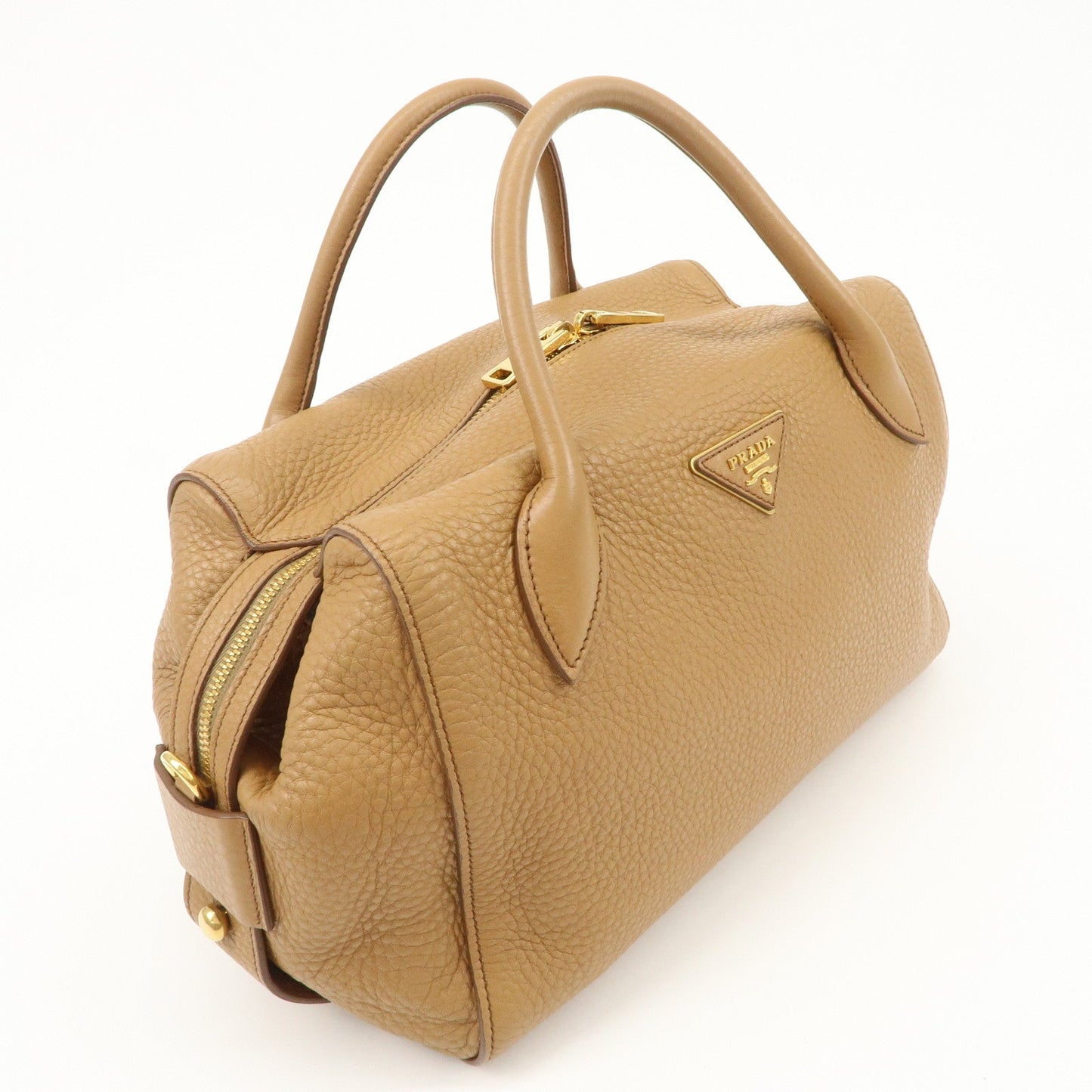 PRADA Triangle Logo Leather 2Way Bag Boston Bag Hand Bag Brown 1BB031