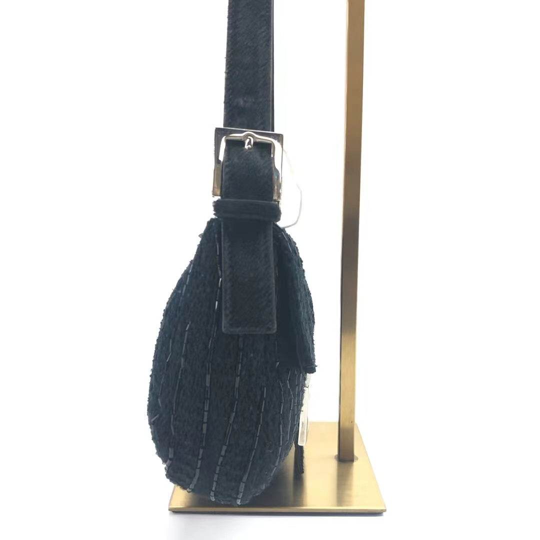Fendi Baguette Vintage Black Glitter Beads and Cloth Knit Shoulder Bag
