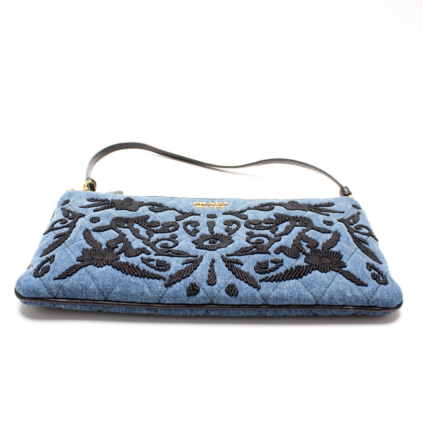 Prada Denim Embroidered Wristlet Bag