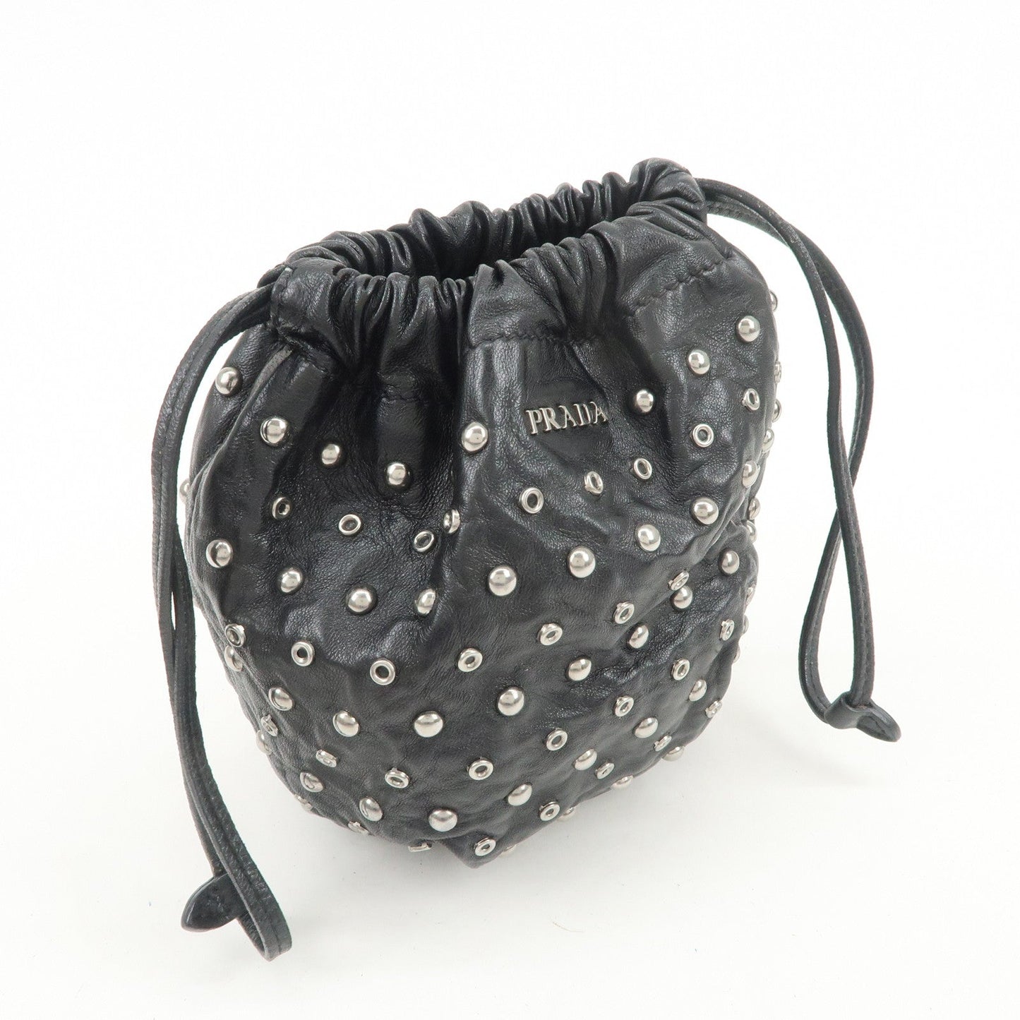 PRADA Studs Leather Drawstring Bag Cosmetic Pouch Black