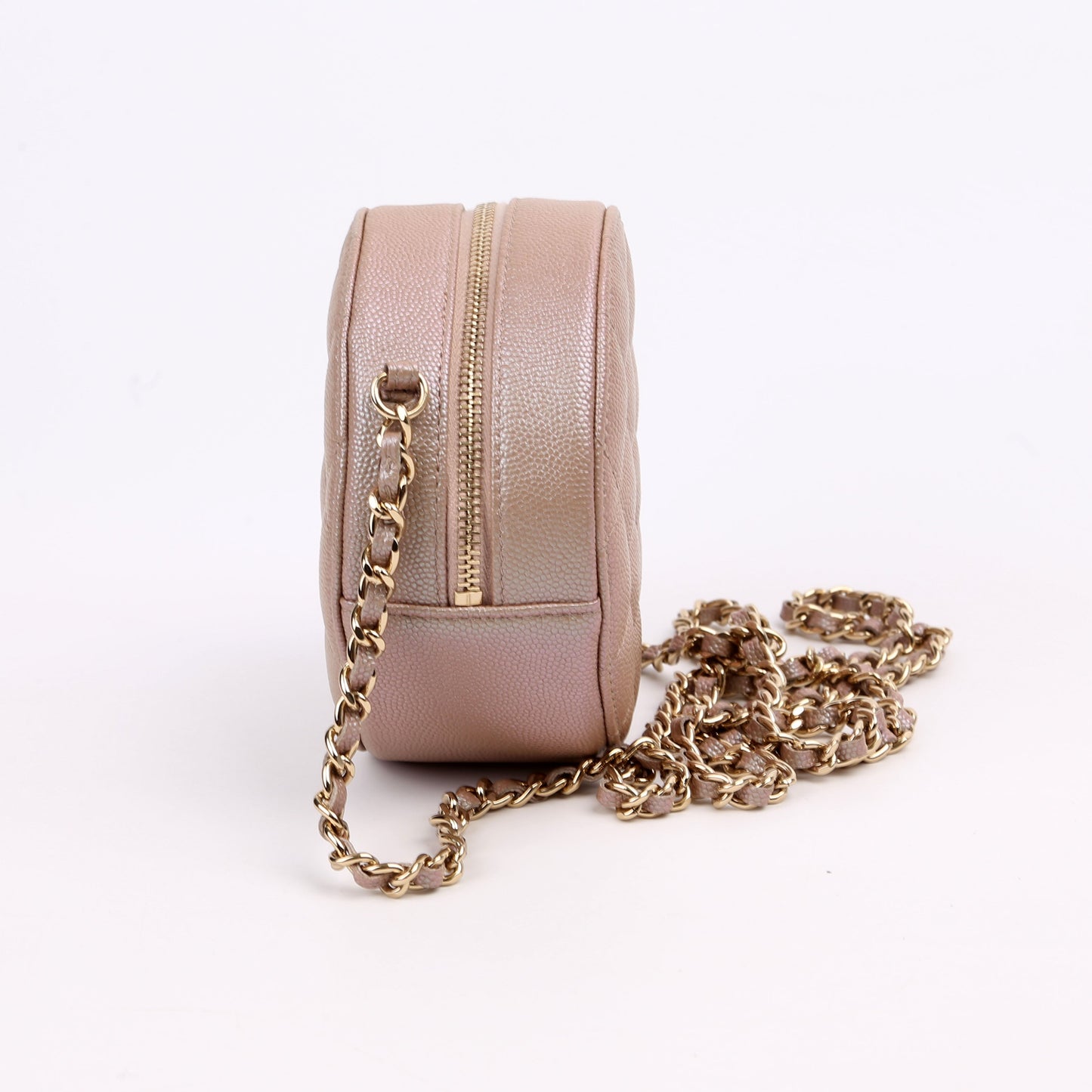 Chanel Round Clutch With Chain Iridescent Caviar 27M Tan Bag