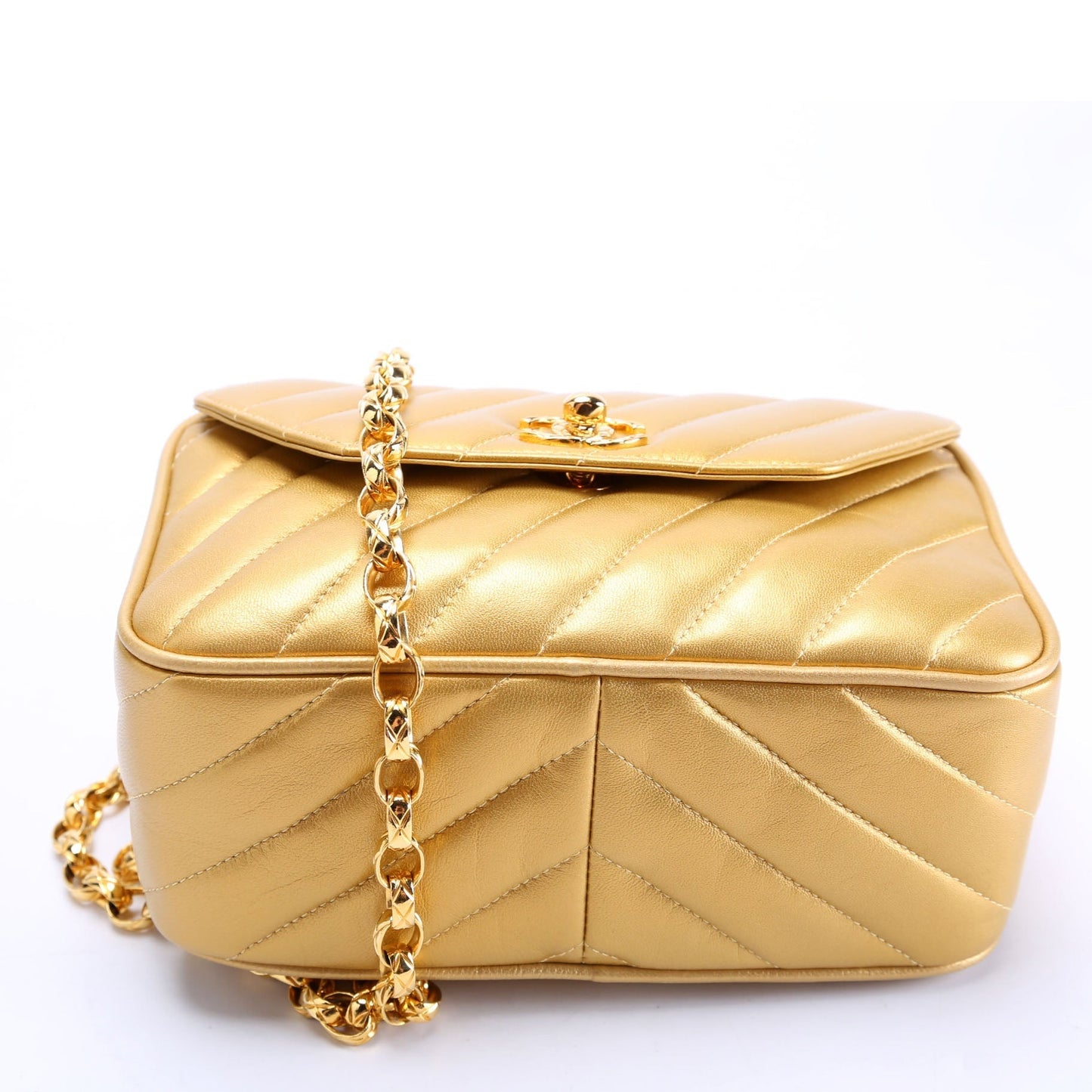 Chanel Camera Small Diagonal Quilted Metallic Lambskin 2M Vintage Gold Bag