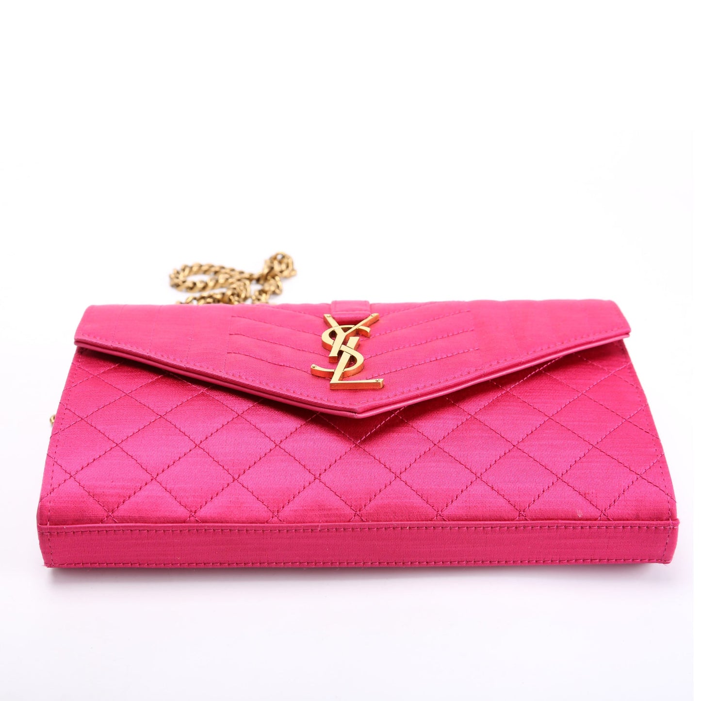 Saint Laurent Triquilt Satin Chain Wallet Pink/Gold Bag