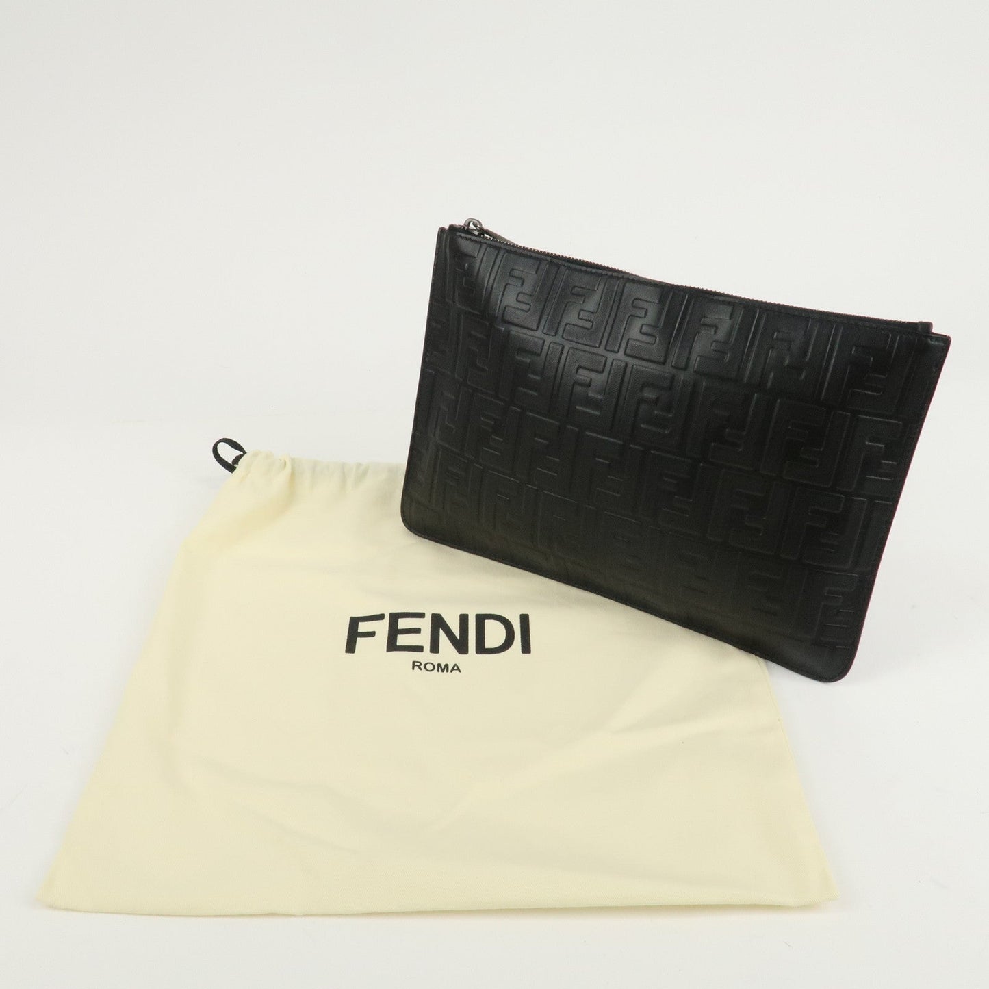 FENDI Zucca Leather Clutch Bag Hand Bag Black 7N0078