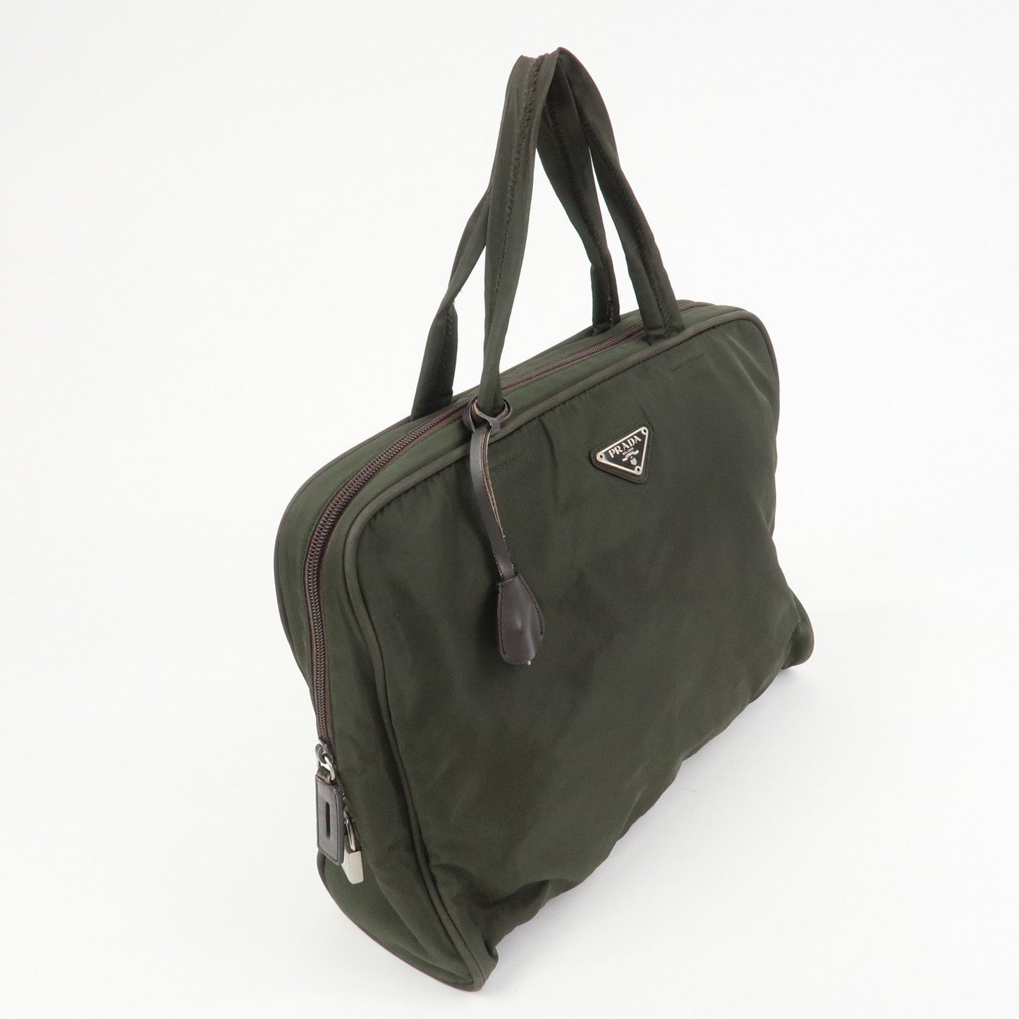 PRADA Triangle Logo Nylon Brief Case Tote Bag Khaki B8493
