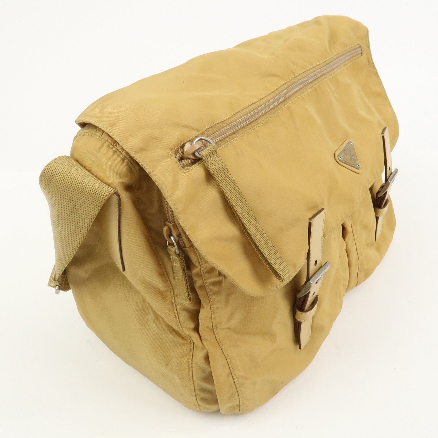 PRADA Triangle Logo Nylon Leather Shoulder Bag Crossbody Bag Beige