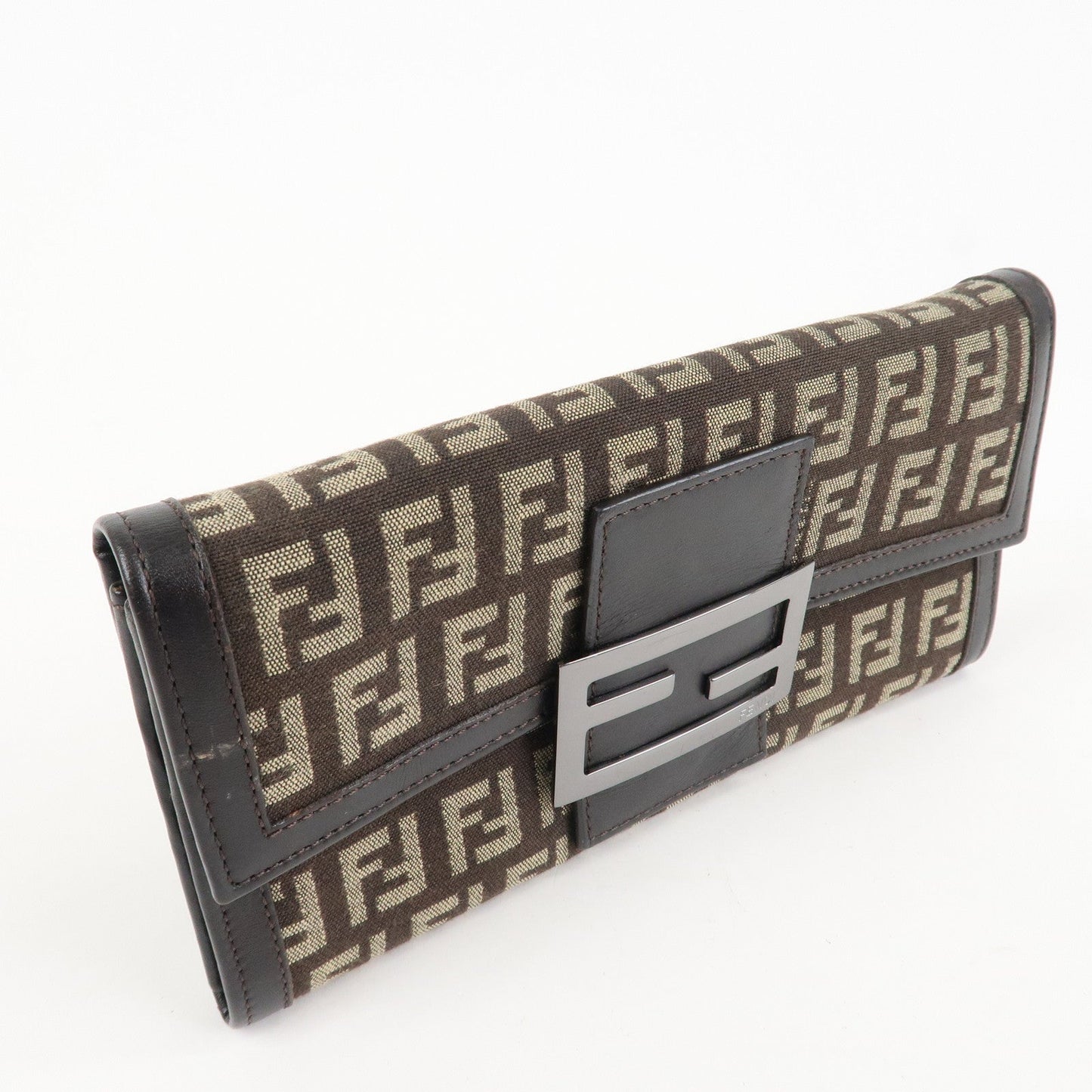 FENDI Zucchino Canvas Leather Bi-Fold Long Wallet Dark Brown 8M0021