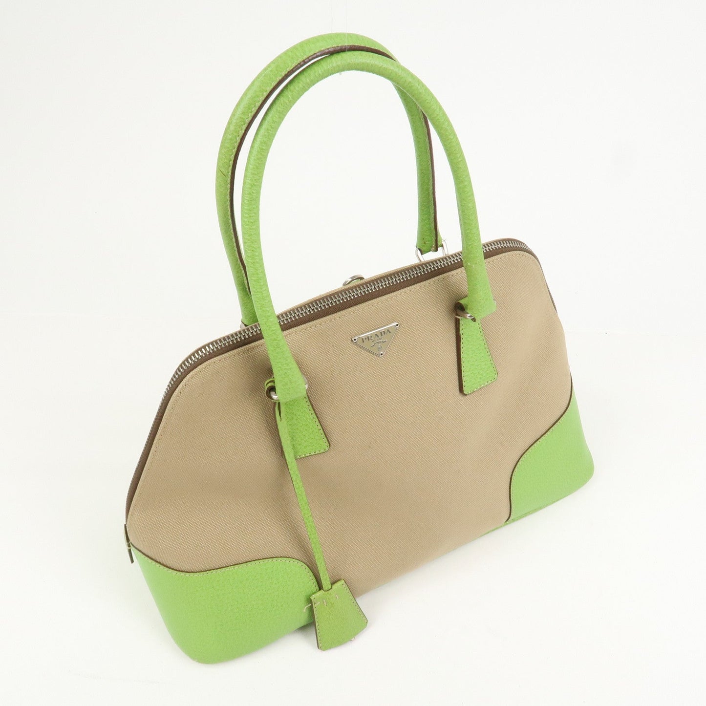 PRADA Canvas Leather Tote Bag Hand Bag Beige Light Green BN0082