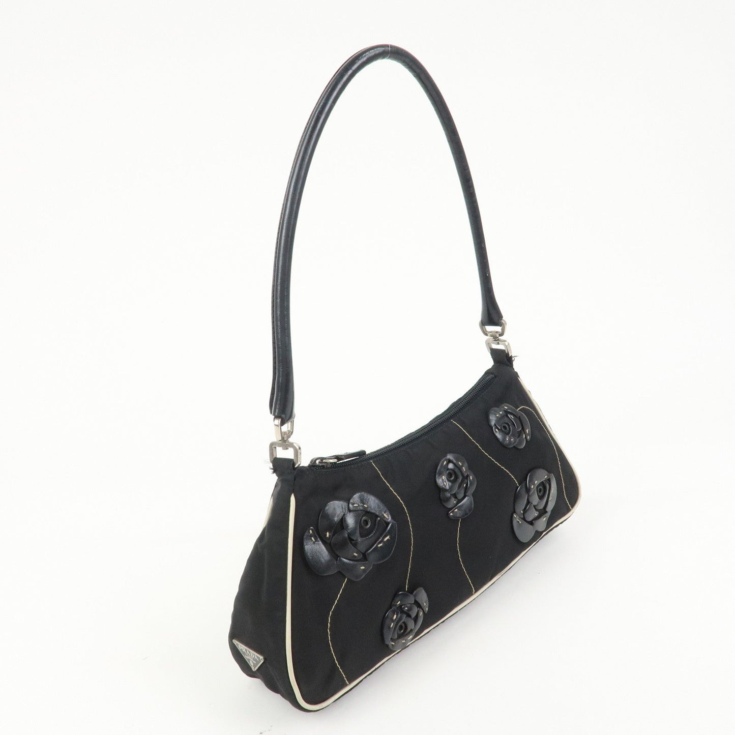 PRADA Nylon Leather Shoulder Bag Hand Bag Flower Motif Black