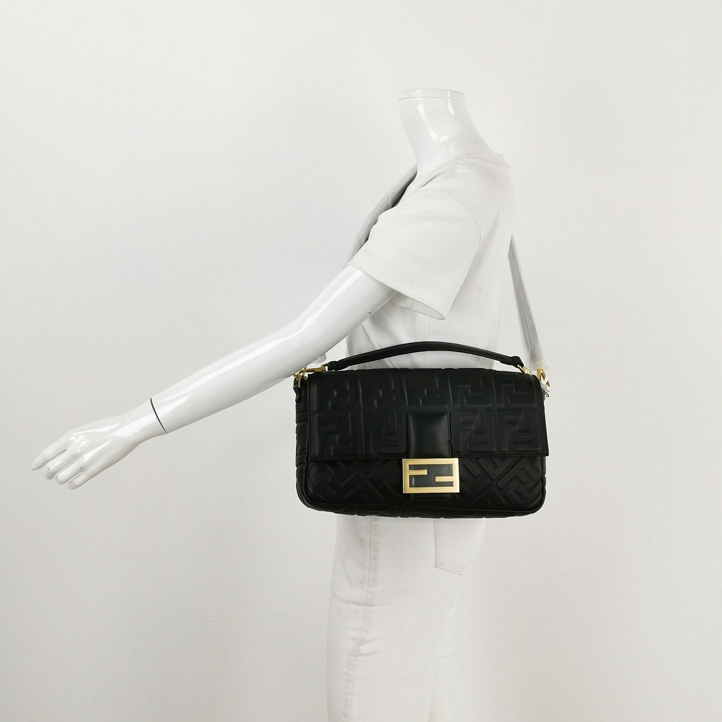 Fendi Baguette Black Leather 3D FF Motif Crossbody Bag Large